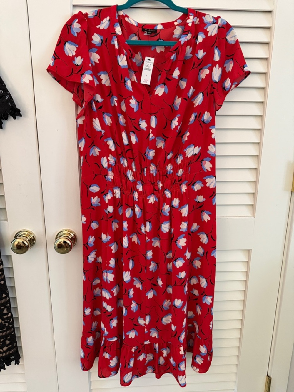 Talbots Red Floral V-Neck Midi Dress with Blue & White Blooms